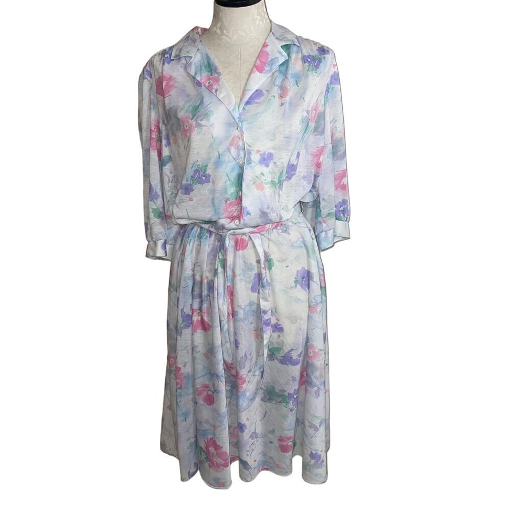 California Looks Vintage Womens Dress Size XL White Floral Belted Midi New